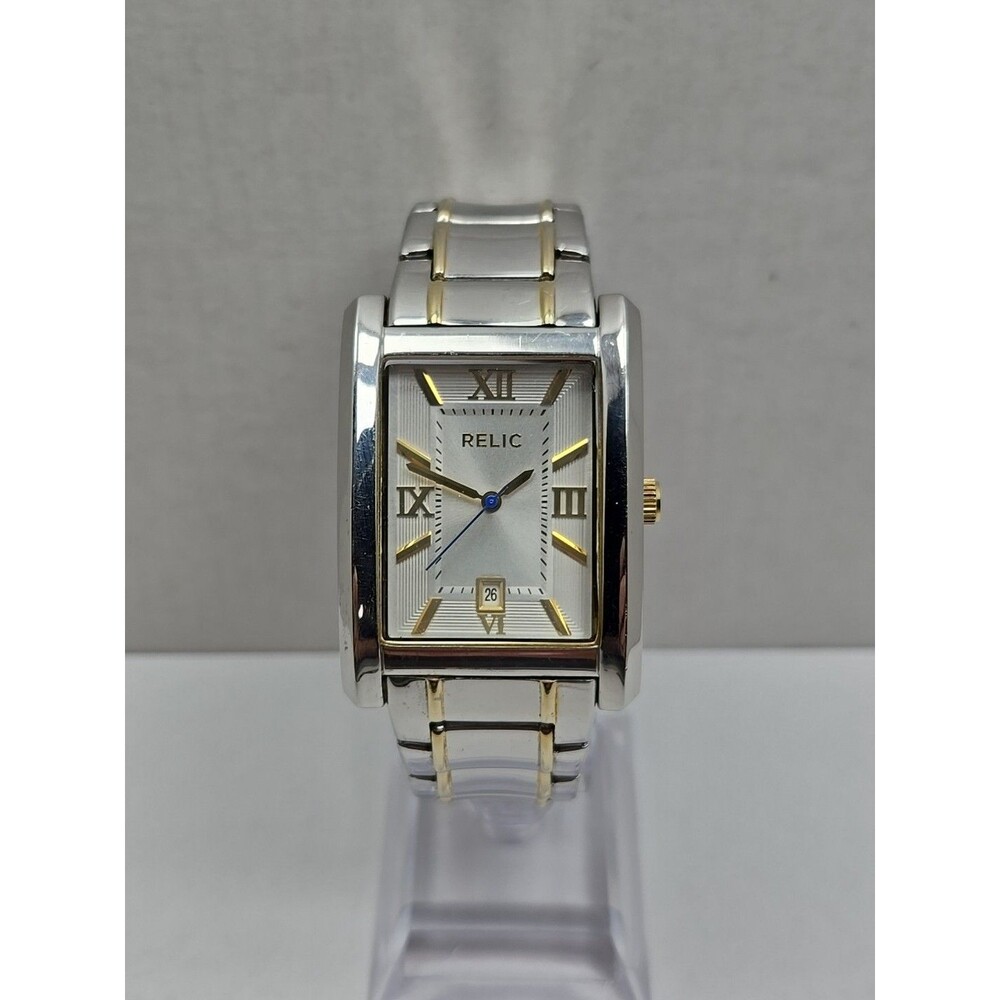 Relic by Fossil Allen Mens Tank Watch Two Tone Stainless Date New Battery 50M